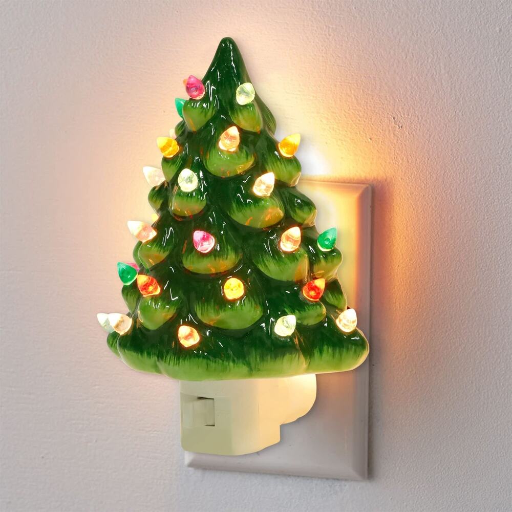 Vintage Style Ceramic Christmas Tree Night Light Plug In Multicolor Bulbs Decor